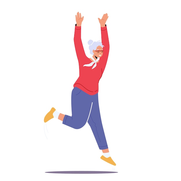Счастливая пожилая женщина прыгает с волнением и поднятыми руками на белом фоне Активная пенсионерка Веселится