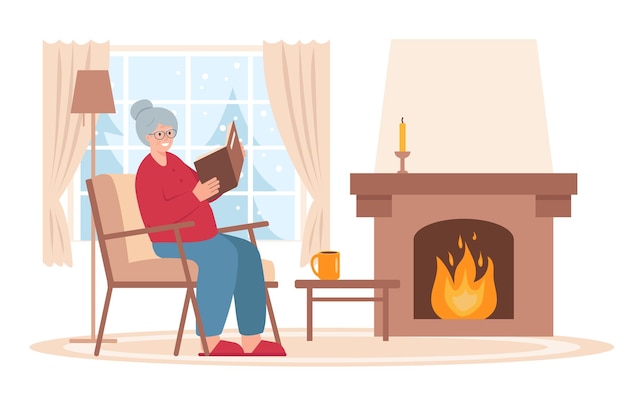 Happy senior woman sitting in chair with book next to fireplace Elderly woman reading book at home