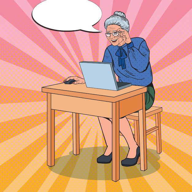 Vector happy senior woman using laptop