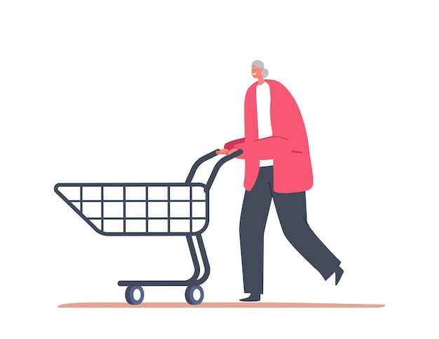 Счастливая пожилая женщина прогулка с корзиной веселый женский персонаж покупка в супермаркете или бакалейной лавке пожилой покупатель шоппинг сезонная скидка распродажа мультфильм люди векторная иллюстрация