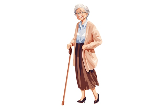 Счастливая старшая женщина с тростью, стоящая и улыбающаяся Плоские графические векторные иллюстрации, изолированные на белом фоне