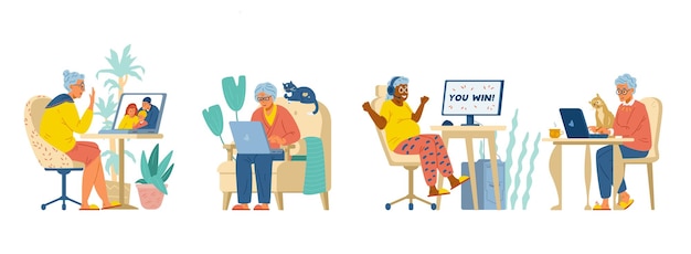ラップトップで幸せな年配の女性コンピューターで遊んでいる家族と話している年配の女性