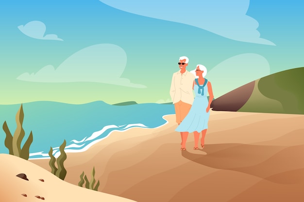 열 대 해변에서 함께 시간을 보내는 행복 한 노인. 그들의 여름 휴가에 은퇴 한 부부. 방문 페이지 또는 웹 배너.