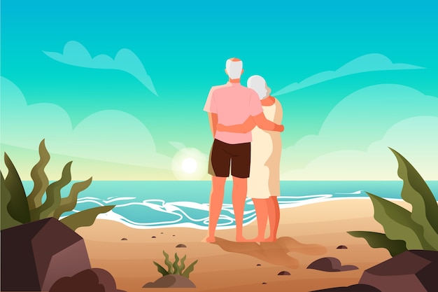 Vector happy seniors spending time on a tropical beach together. retired couple on their summer vacation. landing page or web banner concept.