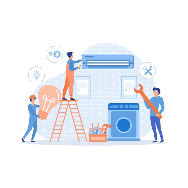 Happy servicemen repairing machines at home flat vector illustration flat vector modern illustration