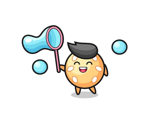 Happy sesame ball cartoon playing soap bubble , cute style design for t shirt, sticker, logo element