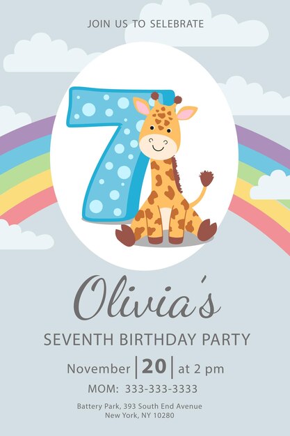 Vector happy seventh birthday with giraffe baby girl invitation card vector