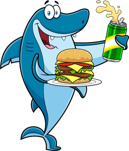 Vector happy shark cartoon character showing big burger and holding beer vector hand drawn illustration