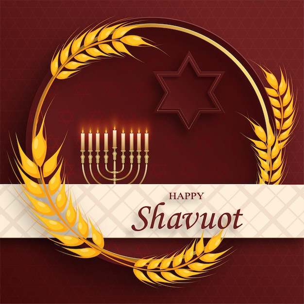 유태인 휴일 번역 해피 샤부오트를 위한 색상 배경에 멋지고 창의적인 유태인 기호와 금색 종이 컷 스타일이 있는 해피 샤부오트 카드
