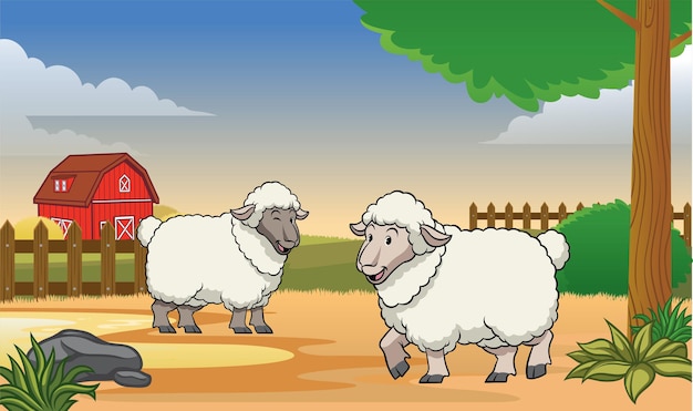 Vector happy sheep in the farm with cartoon style