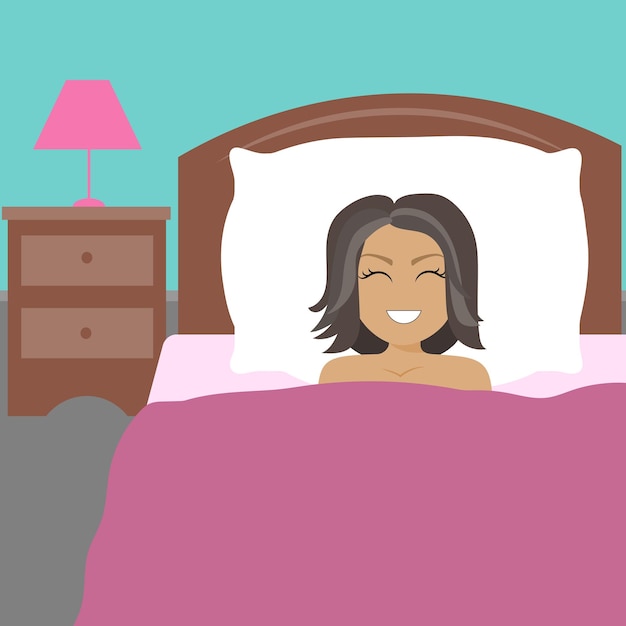 Happy Shirtless Woman Lying in Bed and Smiling With Eyes Opened