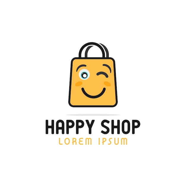 Happy shop logo ontwerp pictogram boodschappentas en blij gezicht logo online winkel logo pictogram emblemen vector