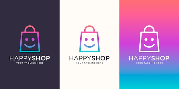 Happy Shop, tas gecombineerd met face smile Logo designs Template,