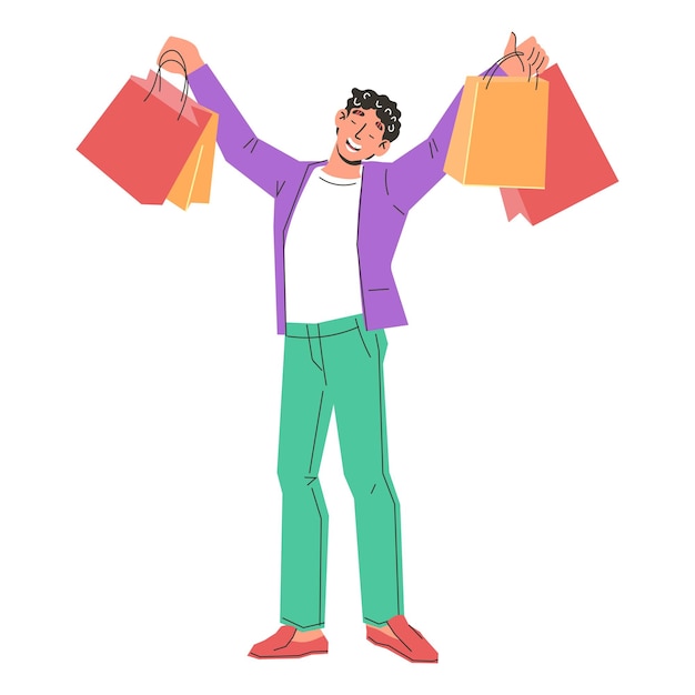Счастливый покупатель или покупатель мужского пола, поднимающий руки с иллюстрацией сумок на белом фоне Большие распродажи и покупки во время сумасшедших скидок