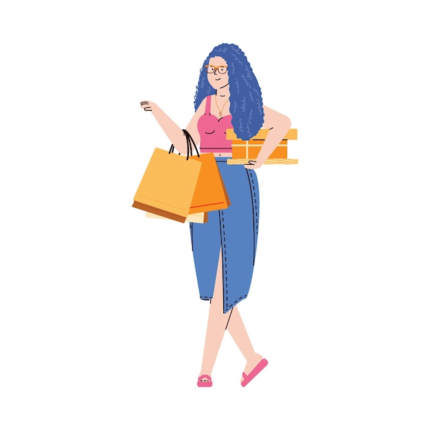 Vector happy shopper young woman carrying purchases a isolated on white