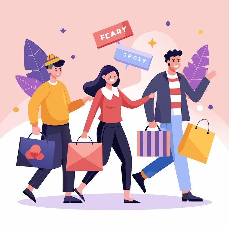Vector happy shoppers carrying bags with joyful smiles