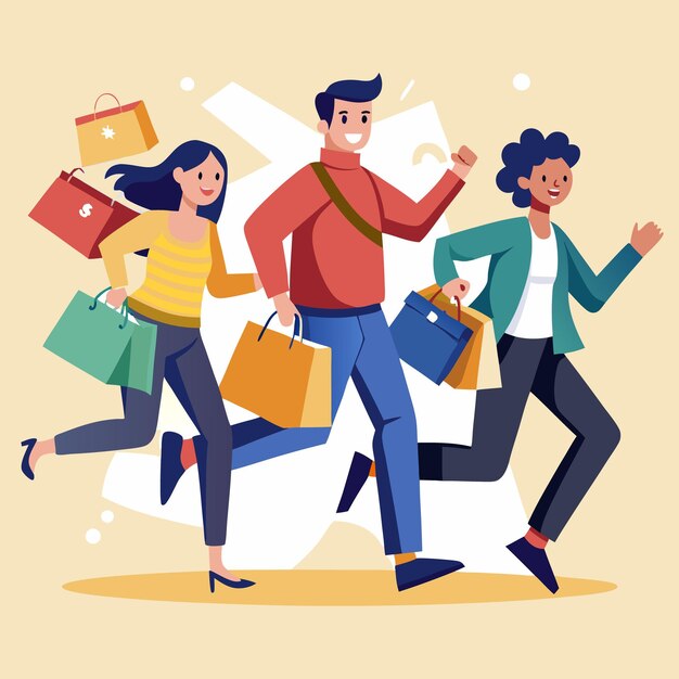 happy shoppers running with bags enjoying sales and discounts