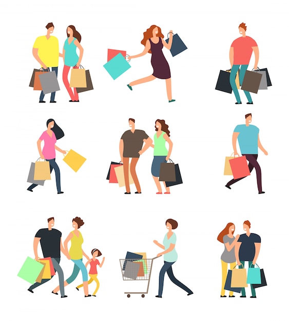 Vector happy shopping people. man, woman and shoppers with gift boxes and shopping bags. vector cartoon characters set