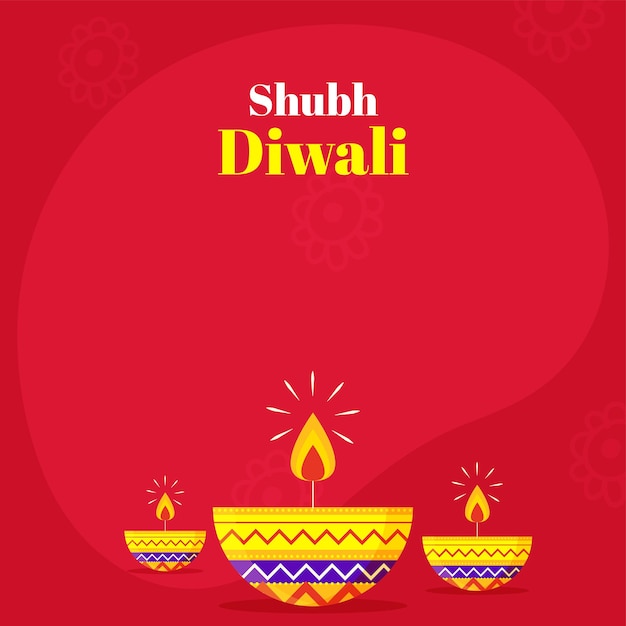 Happy (Shubh) Diwali Wishing Card With Lit Oil Lamp (Diya) On Red Background.