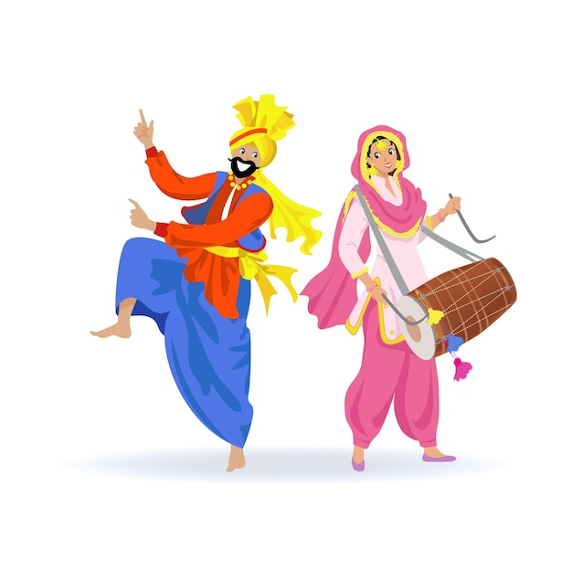 Happy Sikh couple man in turban dancing bhangra dance young woman in Punjabi suit playing drum