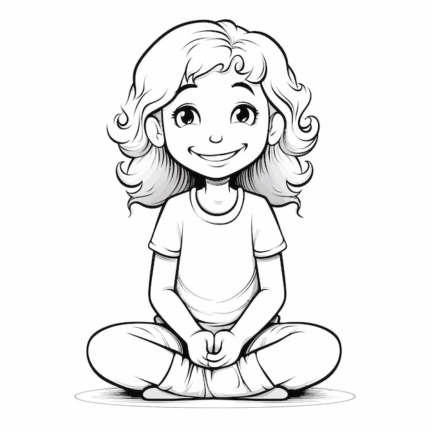 Vector happy_sitting_girl_isolated_coloring_page
