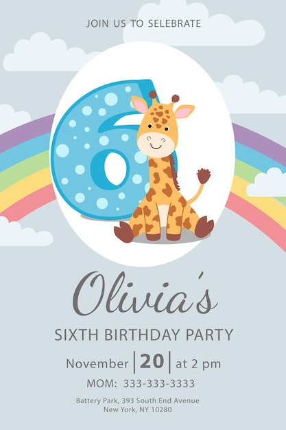 Vector happy sixth birthday with giraffe baby girl invitation card vector