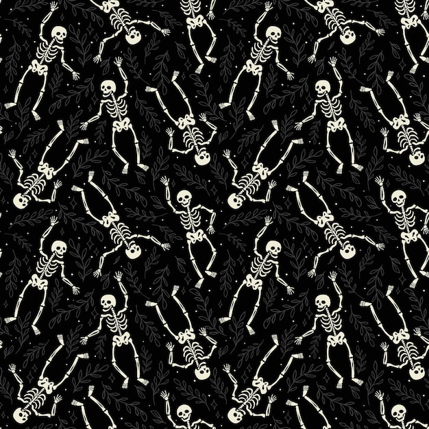 Vector happy skeletons dancing on black background with leaves and stars seamless pattern
