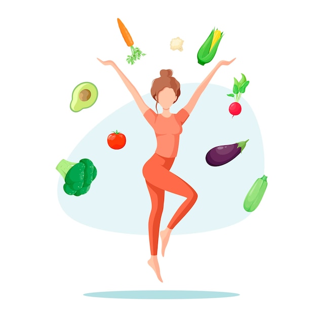 Vector happy slender woman with vegetables. healthy nutrition.