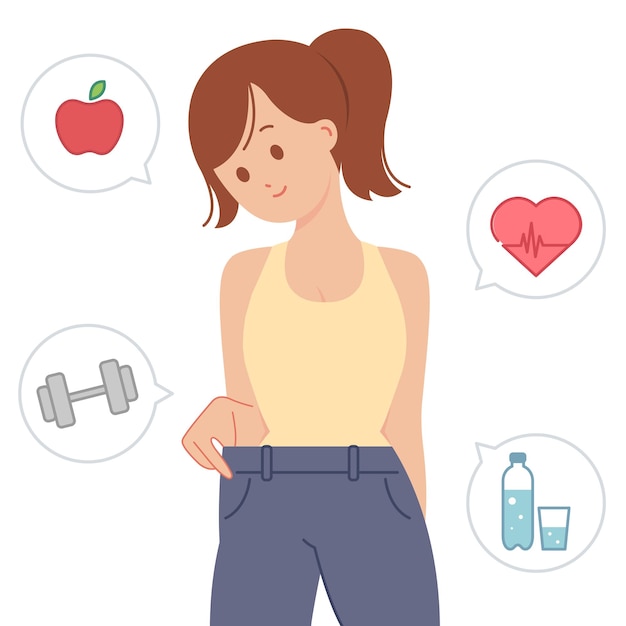 Happy slim woman in oversized pants after diet and losing weight flat cartoon vector illustration