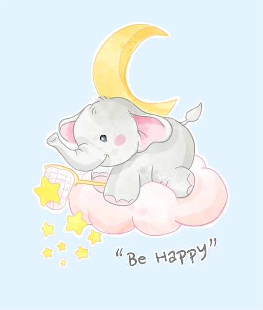 Happy Slogan with Cute Elephant with Stars Illustration