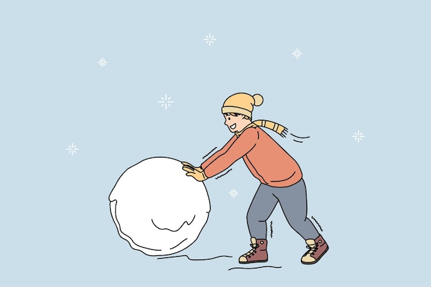 冬服を着た幸せな小さな十代の少年の子供は、一人で外で遊ぶ雪のボールを楽しんでいます。笑顔の小さな子供は年末年始や休暇を楽しんでいます。子供の頃のコンセプト。フラットベクトル図。