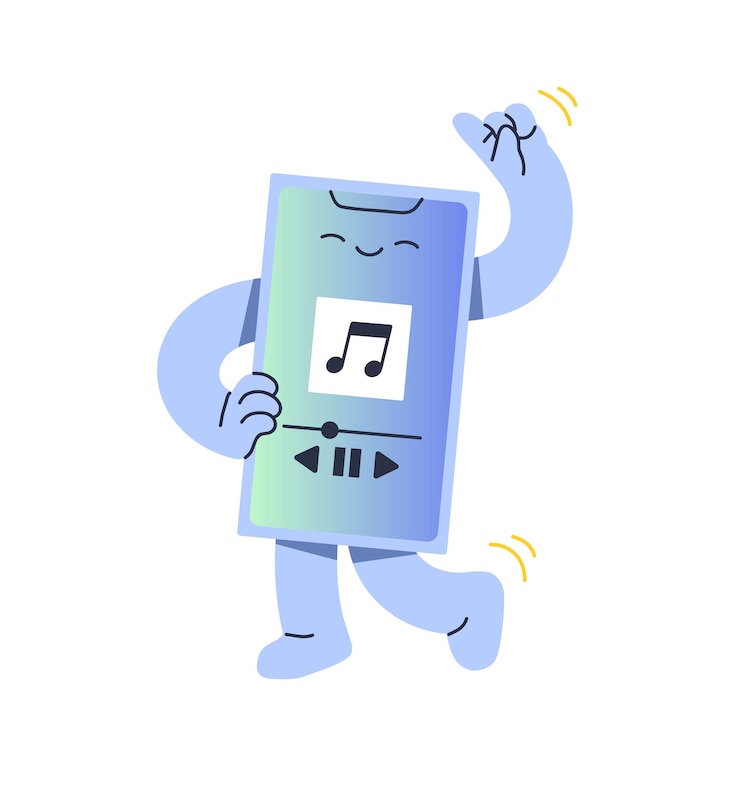 Vector happy smartphone plays melodies dances funny mascot of mobile phone has fun by songs telephone character with audio player app on screen listens to music flat isolated vector illustration on white