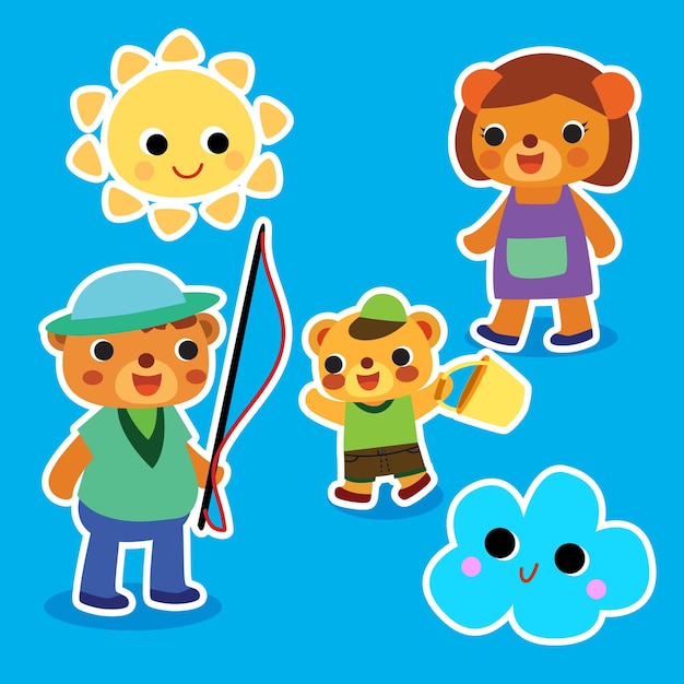 Vector happy smiling bear family going camping and fishing in the sun