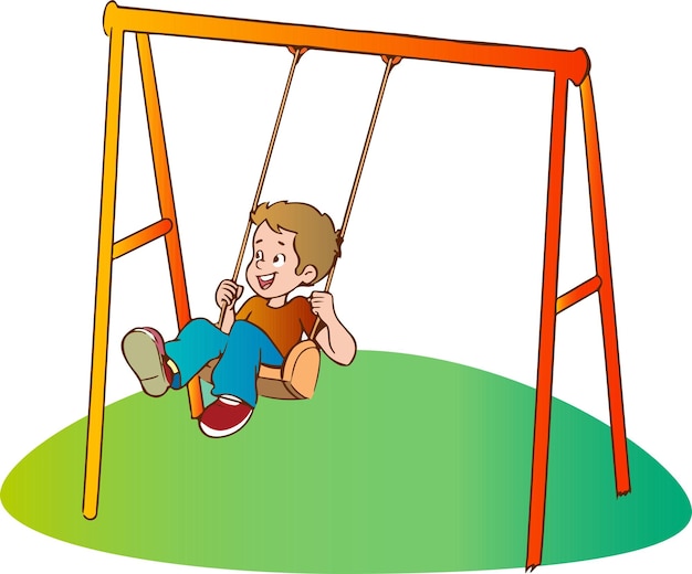 Vector happy smiling boy kid swinging on a swing