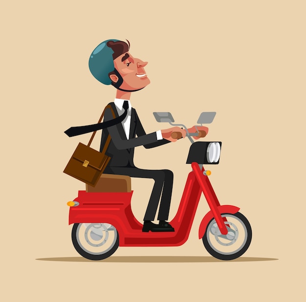 Happy smiling businessman office worker character riding bike and move to work. Healthy lifestyle transportation      