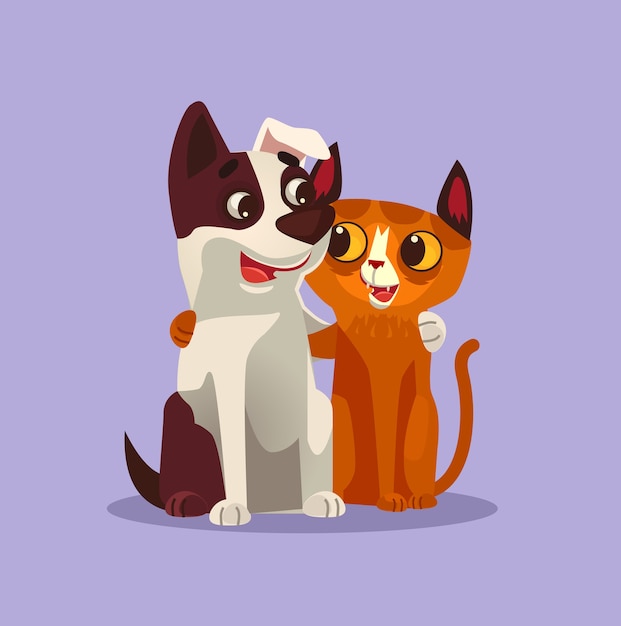 幸せな笑顔の猫と犬のキャラクターの親友のイラスト