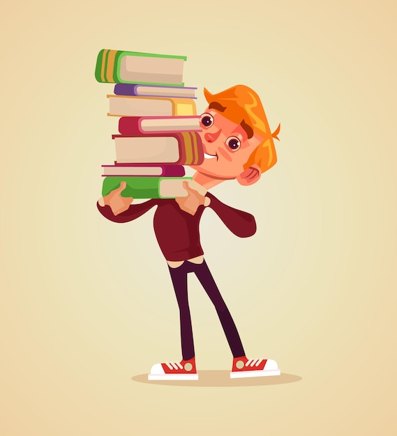 Happy smiling cheerful boy student character hold pile of book flat cartoon illustration