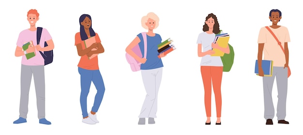 Vector happy smiling diverse college or university students standing with study accessories isolated set on white background vector illustration of male and female teenagers holding books and backpack