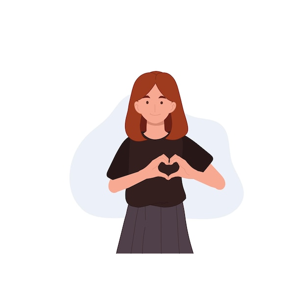 Vector happy smiling diverse woman with hand gestures heart symbol like and love with hands flat vector cartoon character illustration