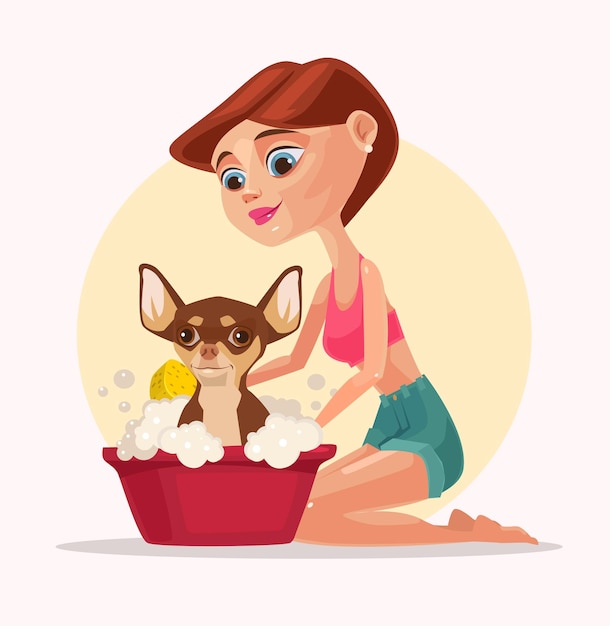 Vector happy smiling dog character takes bath with woman owner