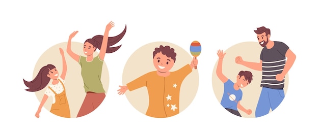 Счастливая улыбающаяся семья, танцующая вокруг значка аватара, устанавливает радостных родителей и детей векторной иллюстрации