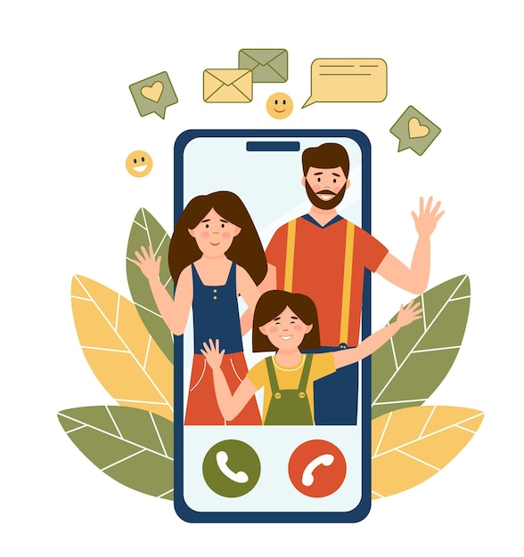 Vector happy smiling family making video call on smartphone