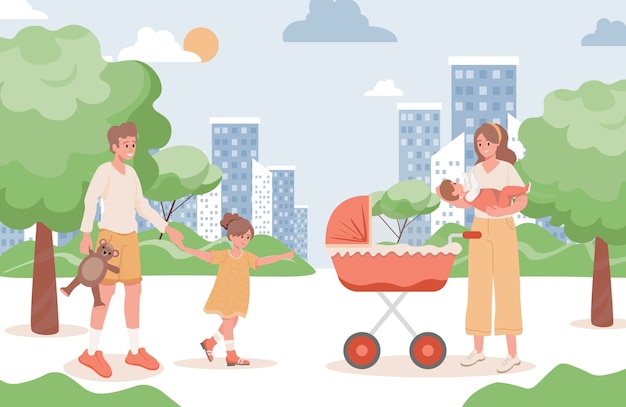 Happy smiling family walking in city park flat illustration. Mother, father, young girl, and newborn baby.