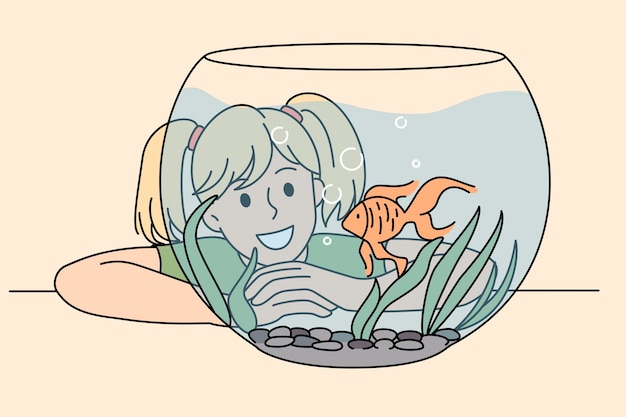 Ragazza sorridente felice che ammira il pesce carino dorato in acquario di vetro. illustrazione di concetto di vettore del momento felice del bambino con l'animale domestico.