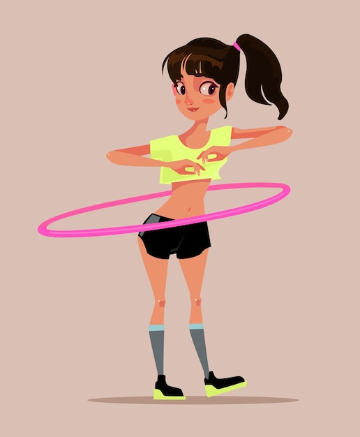 Vettore carattere teenager sorridente felice della ragazza che gira giocando hula hoop. cartone animato