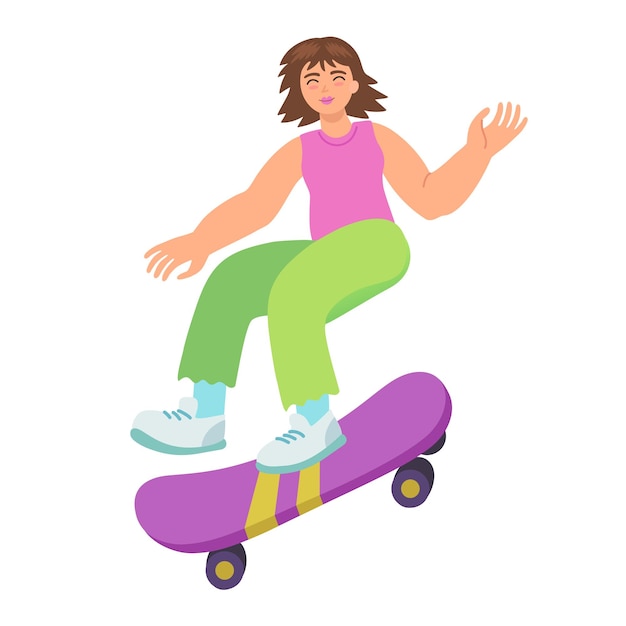 Happy smiling girl teenager riding skateboard Cartoon vector character