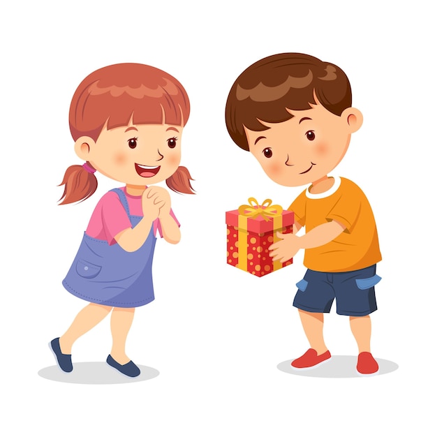 Happy smiling girl when boy give a gift