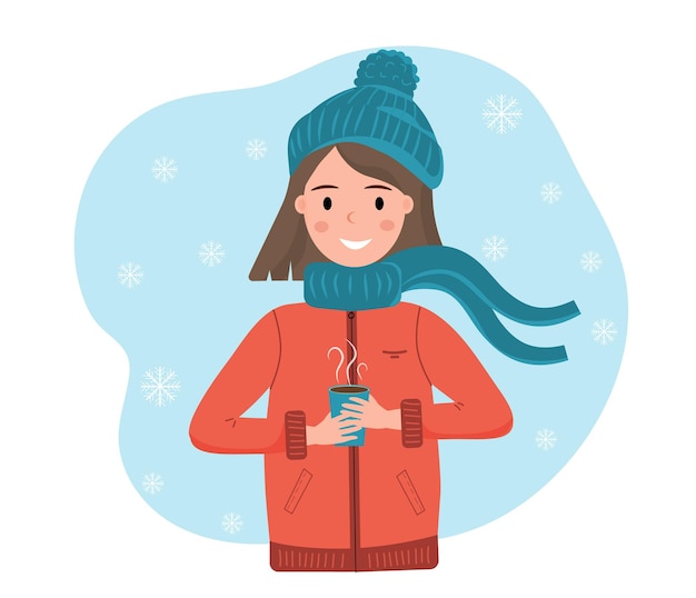 Vector happy smiling girl in winter cloth with cup of hot drink in her hands falling snowflakes winter