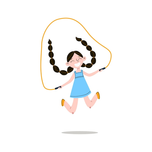 Happy smiling girl with long black pigtails is jumping rope.