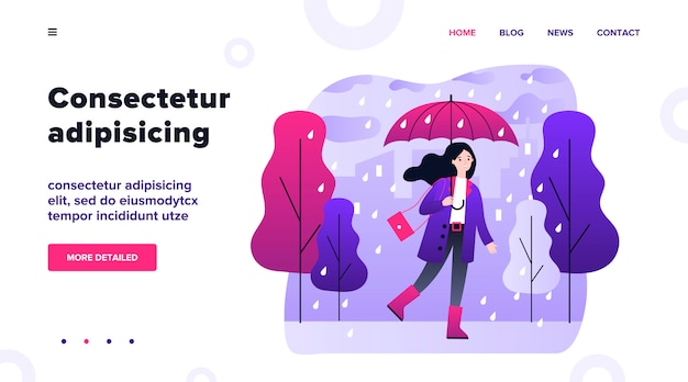 Vector happy smiling girl with umbrella walking in rainy day   illustration. woman staying outdoor in falling weather. female character going in rain. season, autumn and landscape concept